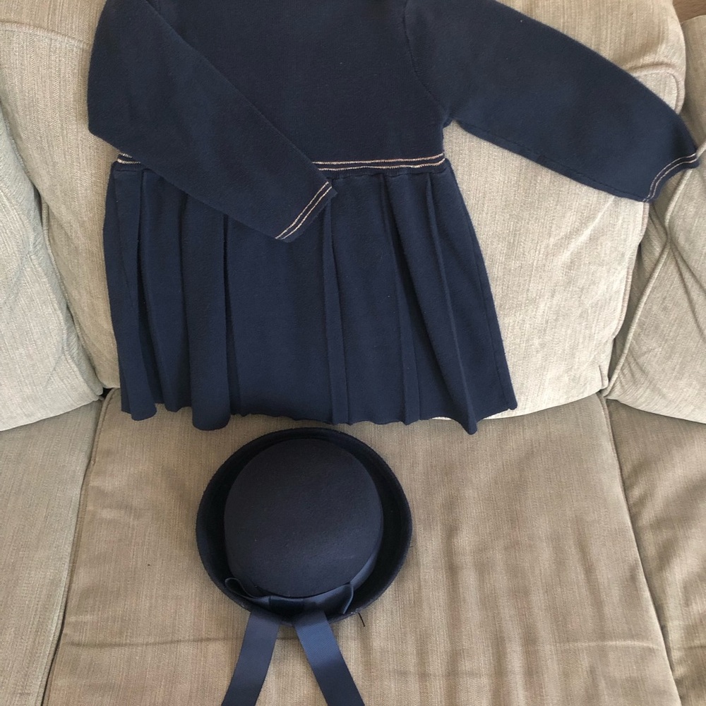 Little Madeline / sailor style navy blue woolen dress with matching wool hat 4/5